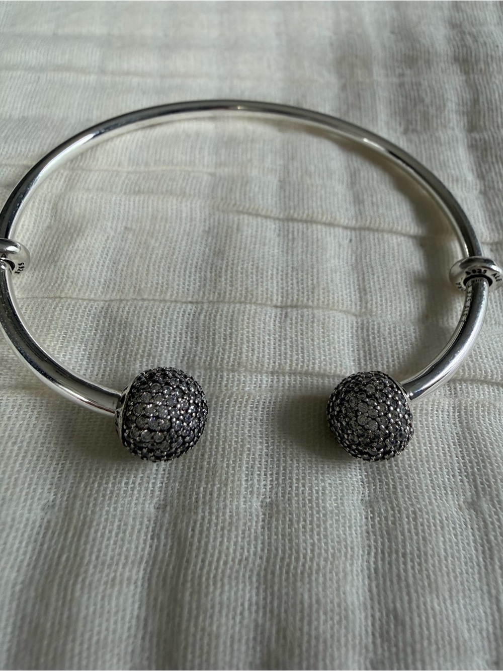Pandora Silver Open Bangle with Pavé Ball Ends new no box